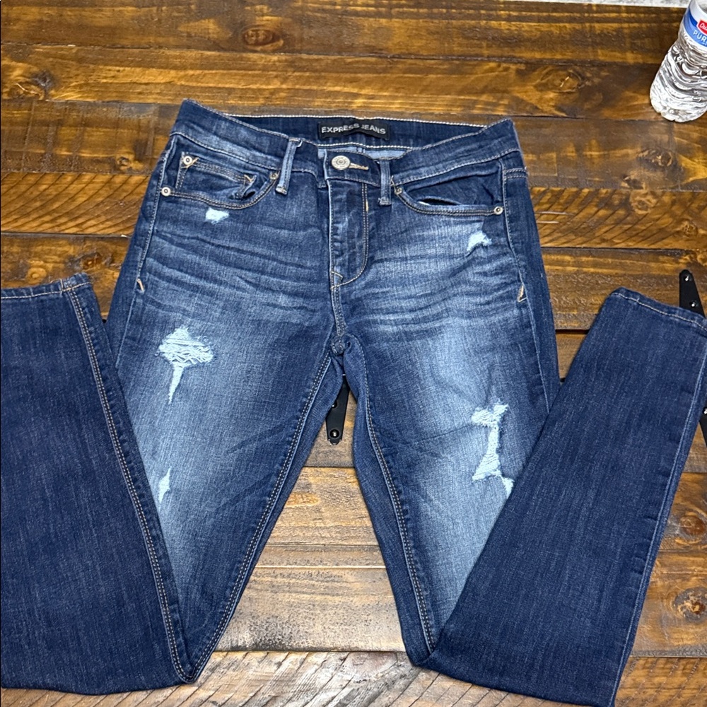 Express Women's Dark Blue Factory Distressed Skinny Jeans